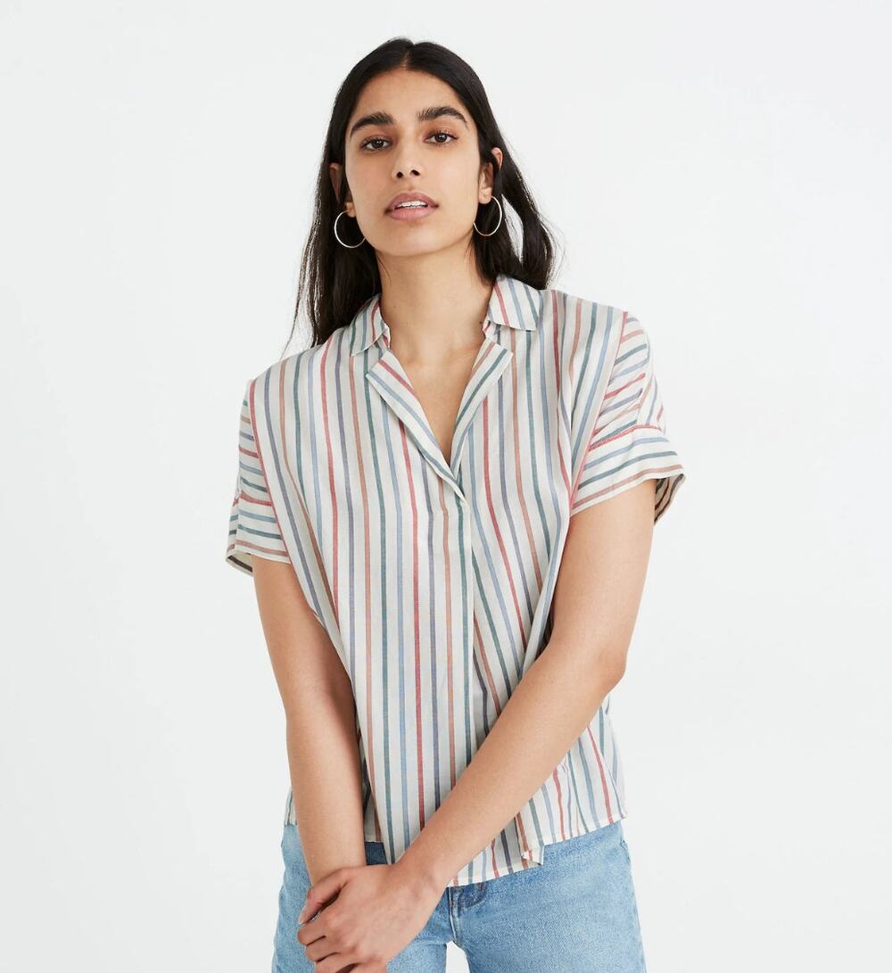 Madewell Women's Park Popover Shirt Rainbow Stripe Palo Multi Antique Cream XS